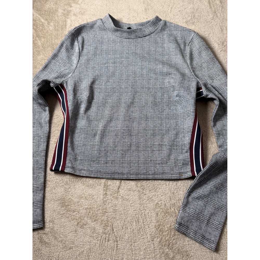 Iris Women Grey Glen Plaid  Crop Top  Stripe Long Sleeve L Dark Academia Fall